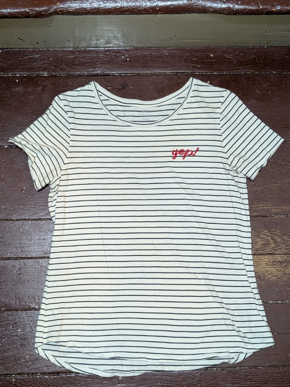 Old Navy White Striped Tee with Red 'yep!' Embroidery